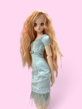 Load image into Gallery viewer, Light Blue Elegant Doll Dress with Feather Trim & Belt